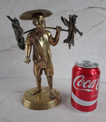 statue en bronze / laiton paysan indo chinois porteur de fagots 19ème chinese - Afbeelding 1 van 16