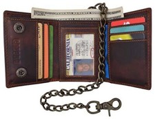Vintage Brown Leather RFID Blocking Mens Biker Trifold Chain Wallet Trucker