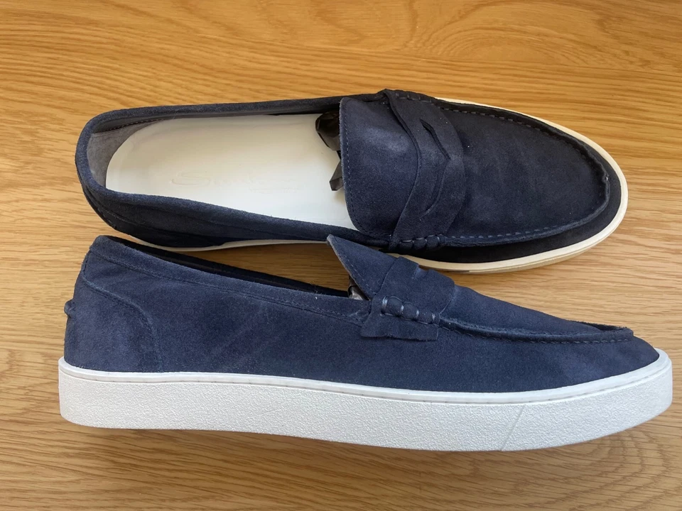 SANTONI Hombre Azul Gamuza Mocasines/Zapatos/Hecho en Italia/44EU/11US Foto 2 de 4