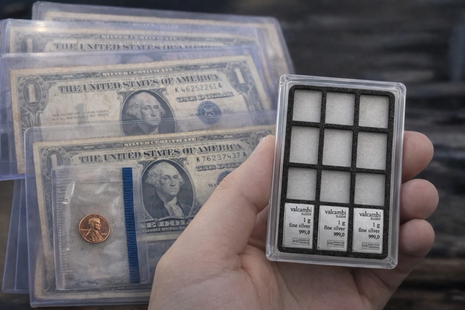 Estate Silver Lot $1 Silver Certificate + 3g .999 Valcambi + UNC Coin