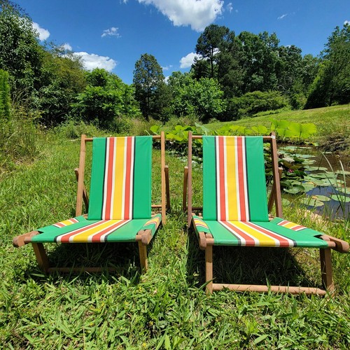 Vintage Rasta Colored Beach Chairs 60's -70's Wood Framed 