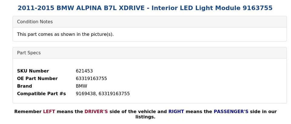 2011-2015 BMW ALPINA B7L XDRIVE - Interior LED Light Module 9163755 - Image 4 of 4