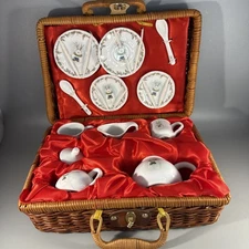 Vintage Child's Snowman Porcelain Tea Party Set & Wicker Picnic Basket 13 Pieces