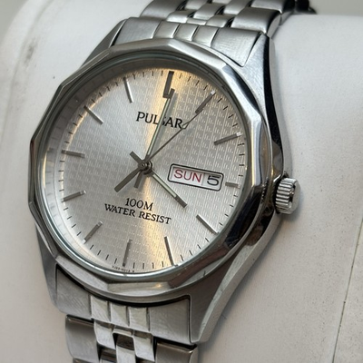 #ad Pulsar Men#x27;s VJ33 X008 Silver Tone Dial Stainless Steel Day Date Wrist Watch $69.99
