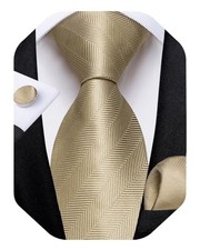 Mens Tie Set Silk Solid Paisley Necktie and Pocket Square Cufflinks Champagne