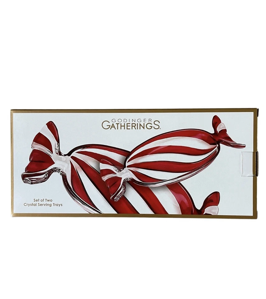 Godinger Crystal Peppermint Tray Set of 2 Red & Clear Candy Holiday Xmas Decor - Image 4 of 4