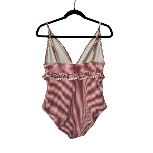 J. Crew One Piece L? Traje de baño Seersucker rojo rosa blanco rayas volantes cuello en V Foto 2 de 4