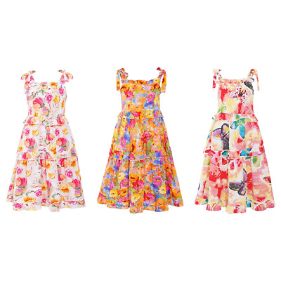 Kids Girls Ruffles Boho Dress Summer A-Line Flower/Butterfly Print Self-Tie