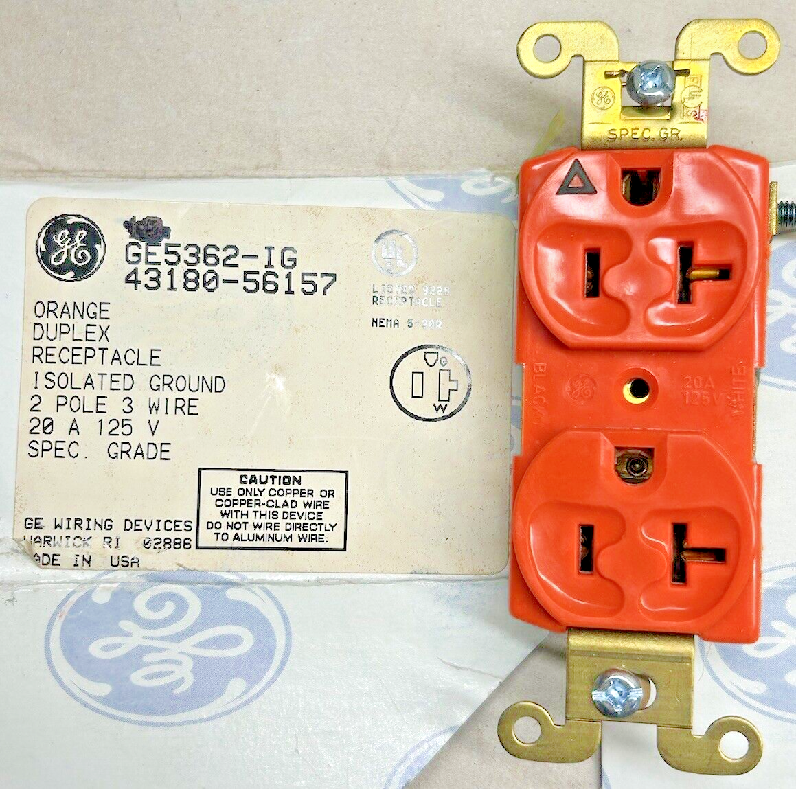 GE 5362-IG Orange Isolated Ground 20A 125V 2P Duplex Receptacle
