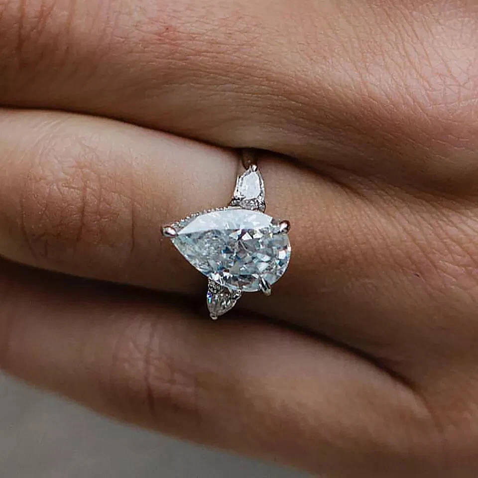 4.2Ct Crushed Ice Hybrid Pear Cut Solid 14K White Gold Moissanite Wedding Ring