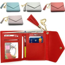 Women Minimalist Short Trifold Wallet Tassel Coin Purse Card Holders Handbag US