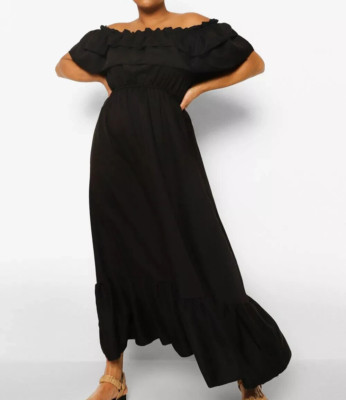 New Boohoo Plus Ruffle Bardot Maxi Dress Black UK 16 UK