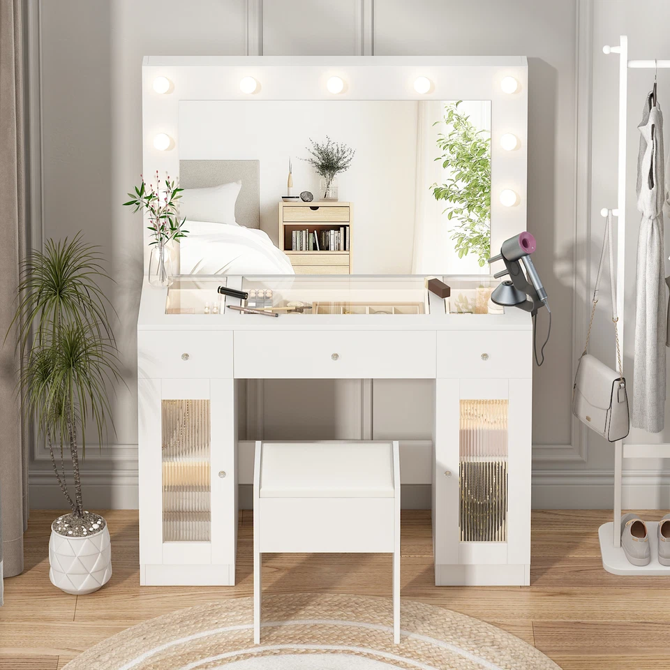 Ufurniture  LED Dressing Table Set with Charging Station & Glass Tabletop - image 3 of 4