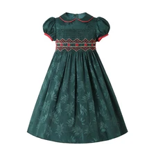 Embroidered Girls Smocked Dresses Party Clothes Peter Pan Collar Size 2 -12
