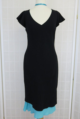 August Silk Collection Dress Size 10 Black Turquoise Lined Silk Blend Cap Sleeve