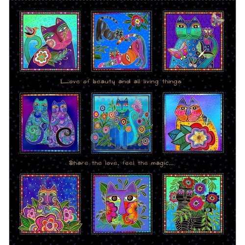 FANTASTICATS Panel Black Gold Metallic Quilt Fabric Laurel Burch 23" x 22" - 第 1/2 張圖片
