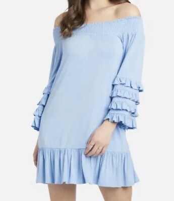 bebe light blue dress Bell Sleeve Off Shoulder Mini NWT S Slinky Hidden Pockets Deep Blue Hollie Structured Corset Mini Size:3t there are no details
