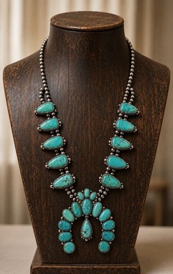 Western Turquoise Squash Blossom Necklace, Navajo Style Statement Necklace,