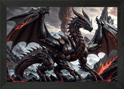Schwarzer Obsidian Drache gerahmtes Wandbild Poster Leinwanddruck Bild
