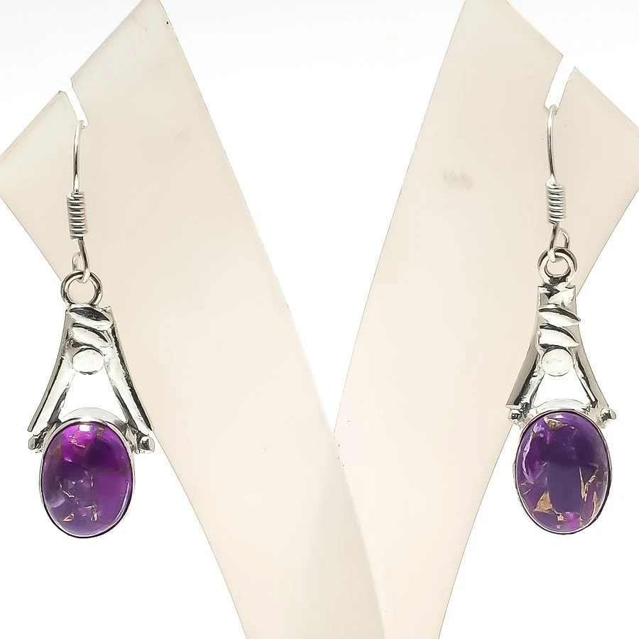 Natural Copper Turquoise Gemstone Handmade 925 Starling Silver Earring Size 1.9" - Image 1 of 1