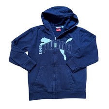 Puma Full Zip Hoodie Boys Navy Blue Good Graphic Logo Fleece SIZE S