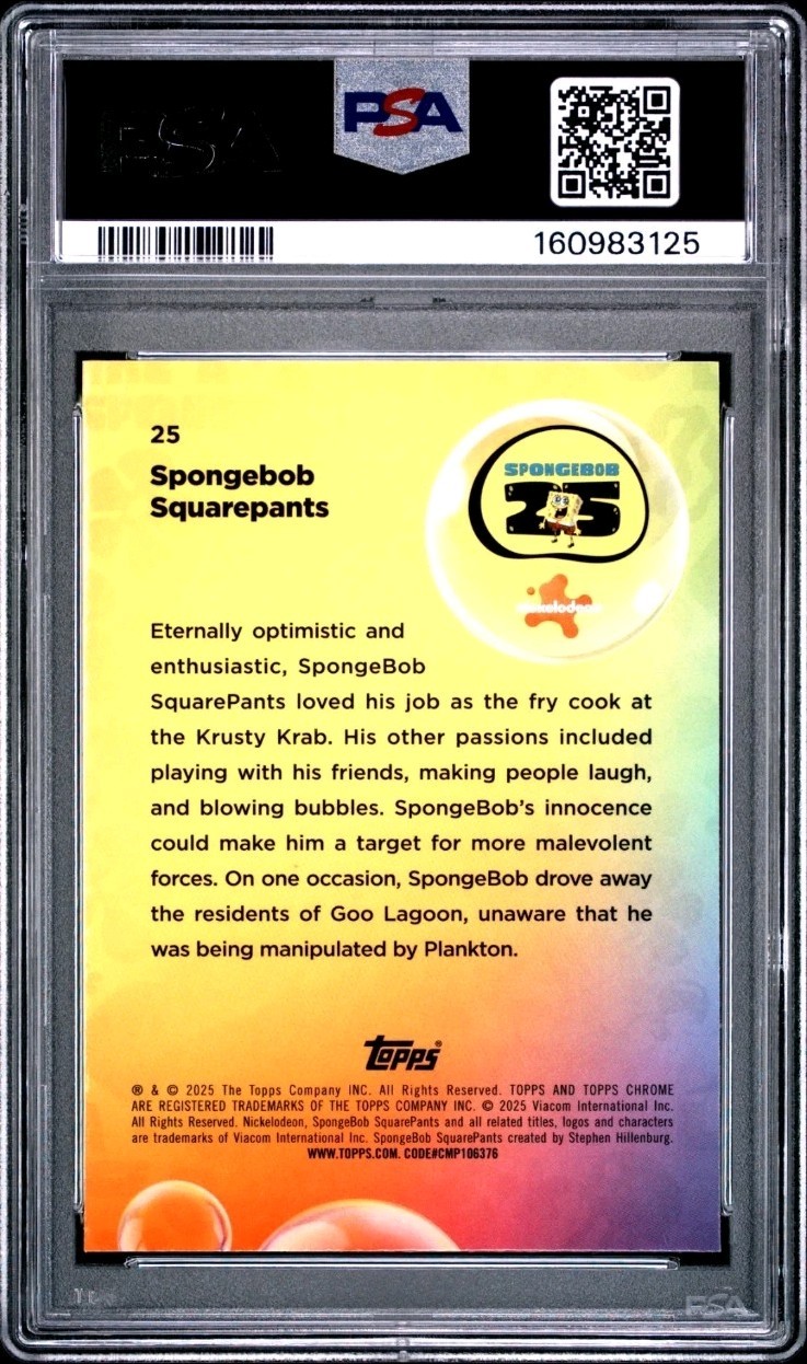 SPONGEBOB TOPPS CHROME SAPPHIRE SPONGEBOB SQUAREPANTS #25 PSA 10 GEM MINT view 2