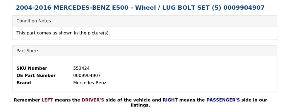 Mercedes-Benz E500 2004-2016 - Juego de pernos de rueda / tuerca (5) 0009904907 Foto 3 de 3