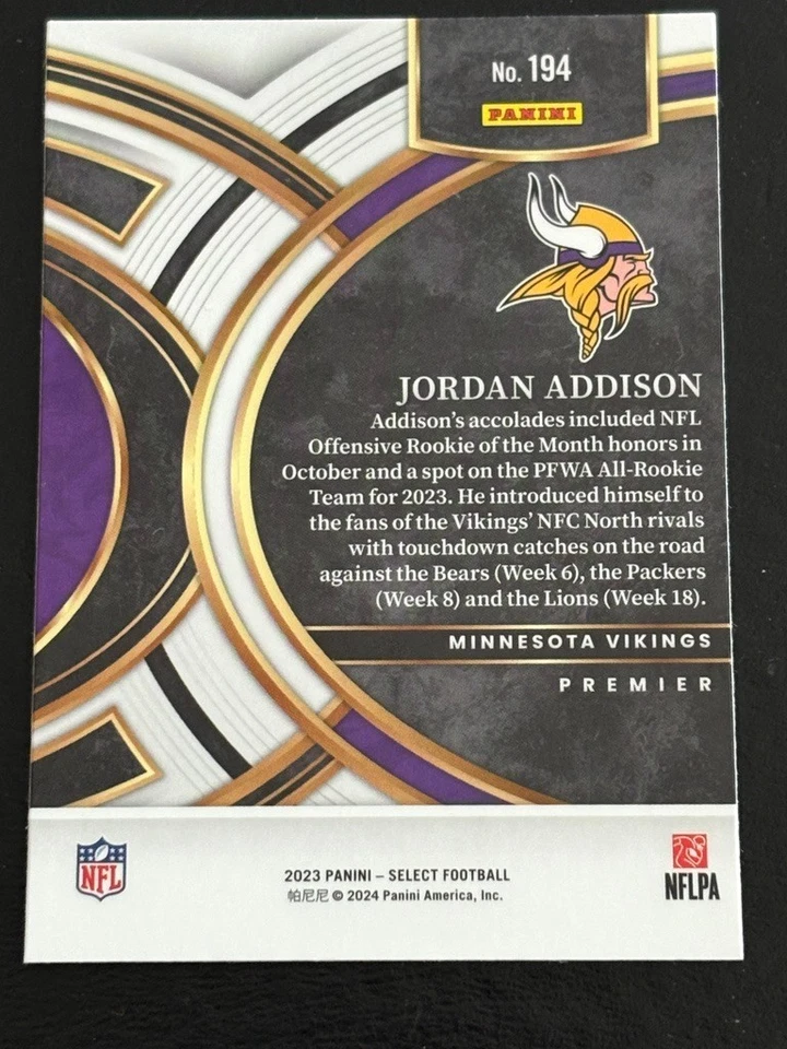 Jordan Addison 2023 Panini Select RC #194 Minnesota Vikings - Image 2 of 2