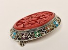 Vintage Chinese Cinnabar Style Carved Red Floral Brooch Enamel Filigree Pin — photo 10