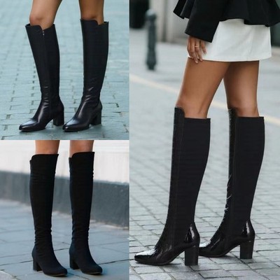 Damenstiefel schwarz Damen Reißverschluss Absatz hohes Bein kniehoch Reißverschluss zum Überziehen GRÖSSE 3-8