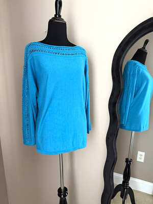 Lauren Ralph Lauren Turquoise Crochet Trim Top Blouse Size L Holiday Blue Knit