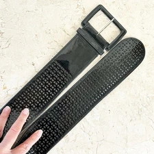 WHBM Faux Patent Leather Wide Belt Womens S Cutouts Shiny Big Buckle Vegan