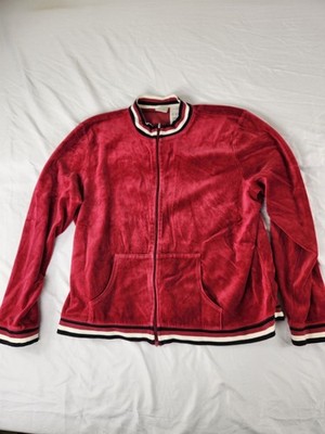 Emma James Jacket XL Women Red Velour Zip Up Long Sleeve Striped Trim Retro 