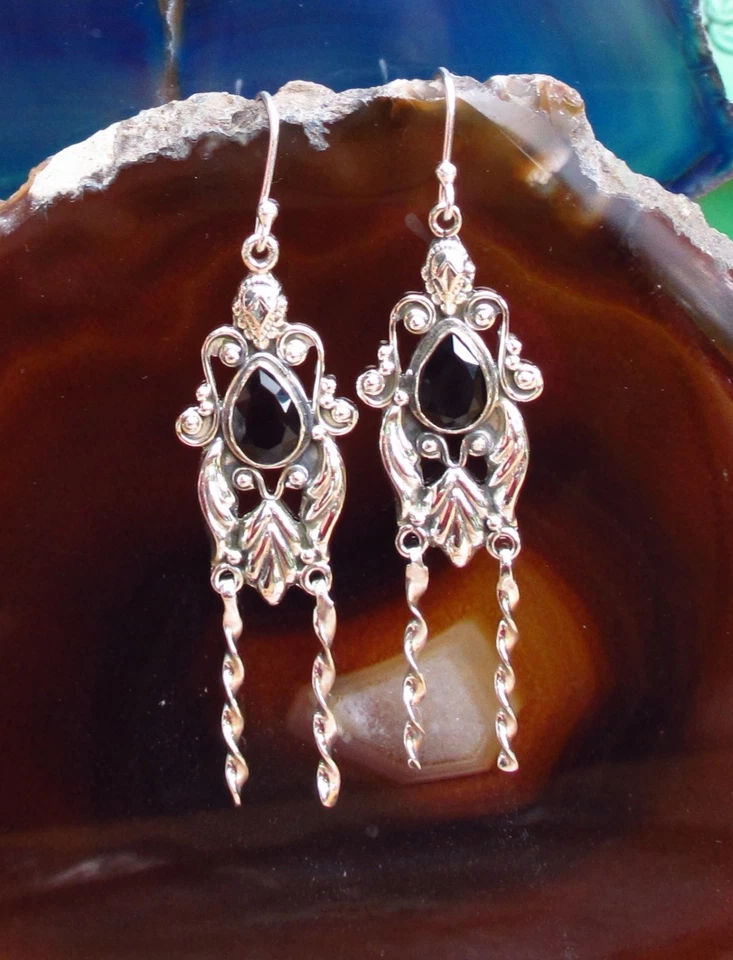 Rx Orecchini IN Stile Liberty Onice Nero Pietra Del Capricorno Argento Sterling - Immagine 2 di 4