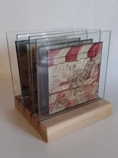 The Gallery Collection Art Glass Coasters Bistro Motif Set/4 with Wood Holder