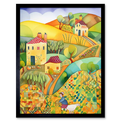 Countryside Farming Modern Folk Art Watercolour Framed Art Picture Print 9X7 In