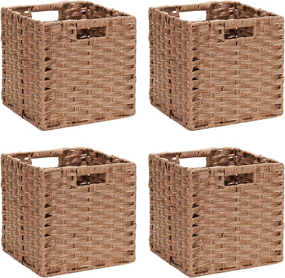 Foldable Wicker Storage Cubes - Set of 4 Baskets for Organizing Closet & Toys