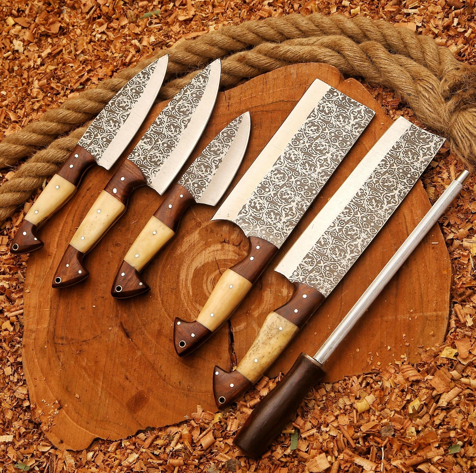 CUSTOOM HANDMADE ETCHING STAINLESS STEEL KITCHEN CHEF KNIFE SET, BEST GIFT