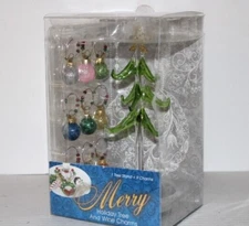 Merry Holiday Christmas Tree And 9 Wine Charms Ornament Set Handmade Art Glass