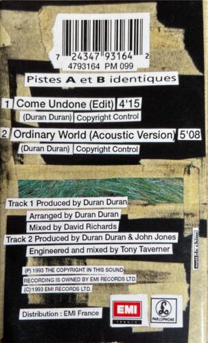 FRENCH CASSETTE AUDIO SINGLE DURAN DURAN COME UNDONE CARDBOARD SLEEVE NEUF 1993 - Foto 2 di 3