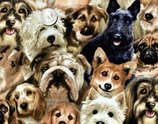 VARIOUS BREEDS PACKED PUPS FABRIC ELIZABETHS STUDIO "PETPOURRI" 25" X 44"