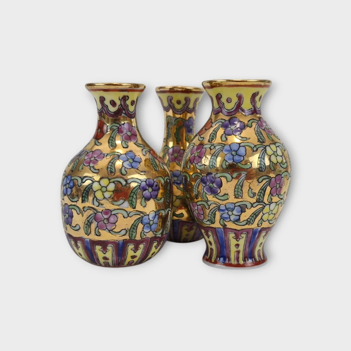 Set of 3 Miniature Hand Painted Asian Style Goldtone Porcelain Floral Vases 8cm