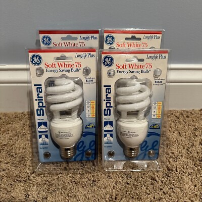 NEW Lot 4 GE Spiral Soft White 75 Longlife Plus Light Bulb 20W Replace 75W 45601