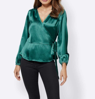 NEU - CREATION L. - GR. 44 - Satin-Wickel-Bluse langarm smaragdgrün