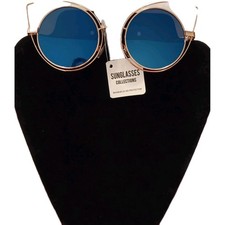 Circular Cat Eye Blue Metallic Lenses Gold Framed Sunglasses New W/Tags UV400