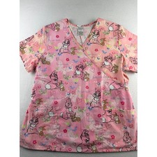 Disney Bambi Thumper Miss Bunny Pink Scrub Top Mock Wrap V-Neck Large BA12A520