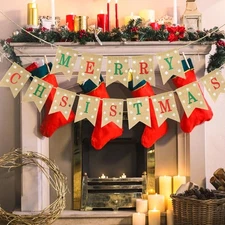 jijAcraft Pre-Assemble Christmas Banner Burlap, Merry Red and Green 