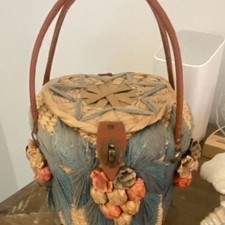 Vintage 1970s Woven Straw Bucket Bag Purse with Floral Embellishments