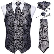 Mens Vest and Tie Set Formal Paisley X-Large Black and Silver Paisley