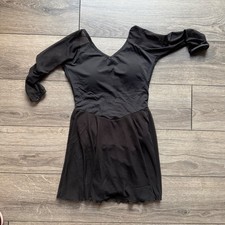 Black Long Sleeve Dance Leotard Dress Mesh Skirt Padded V-Neck Performance Women